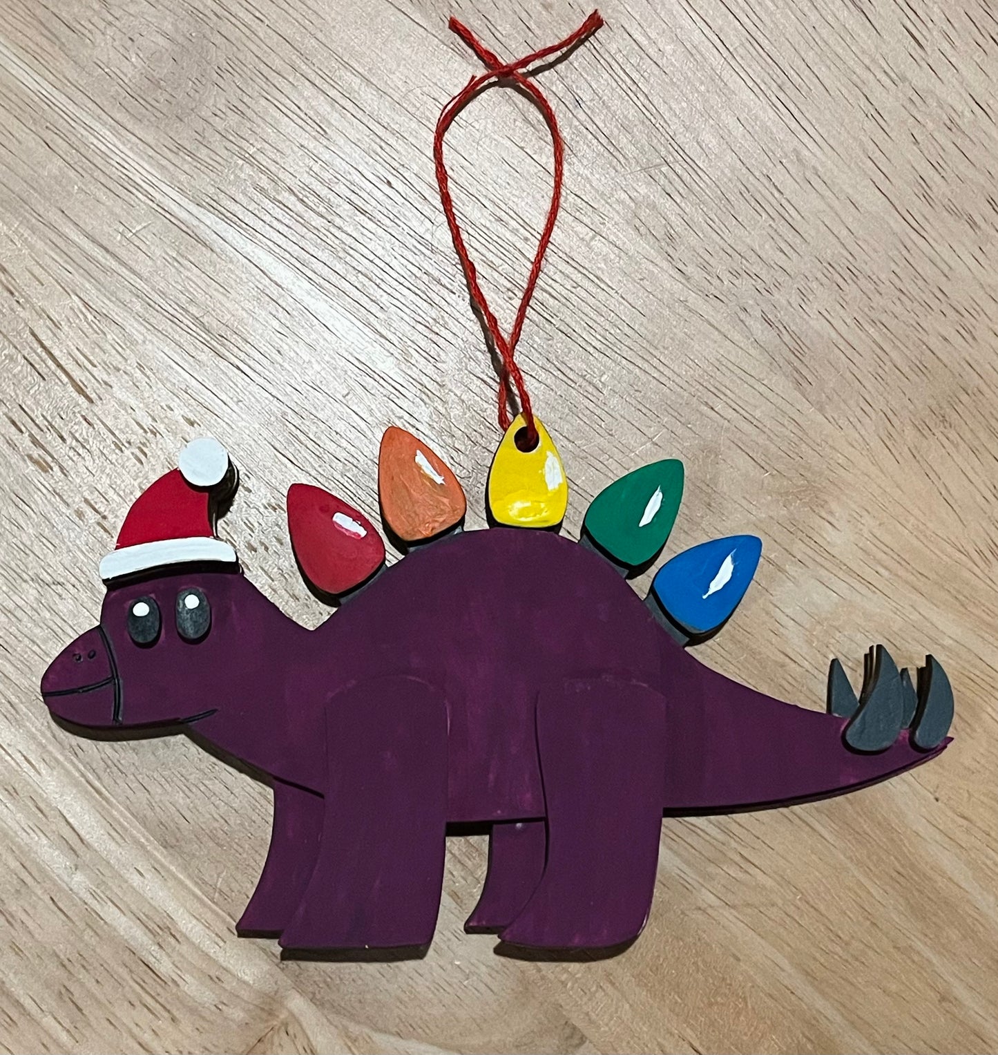 Painted Christmas Light Dinosaur Wooden Ornament