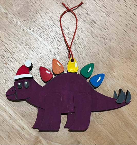 Painted Christmas Light Dinosaur Wooden Ornament