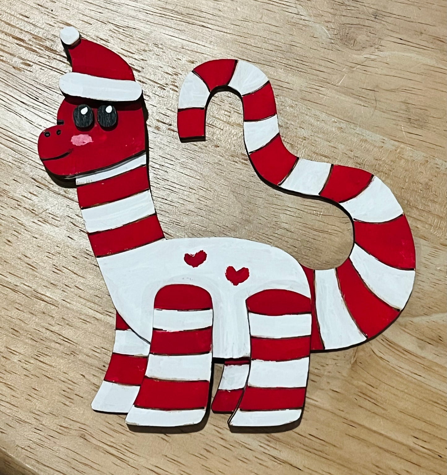 Painted Candy Cane Dinosaur Wooden Ornament